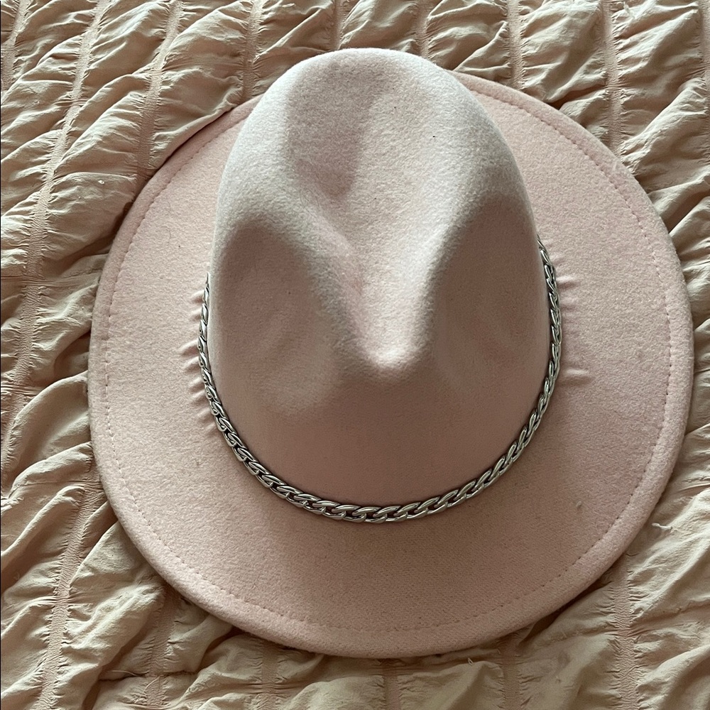 Elegant Pink Fedora Hat with Silver Chain